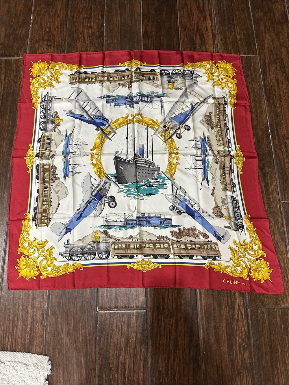 Celine Silk Scarf in Red, Cream, Blue & Gold Transport Motif